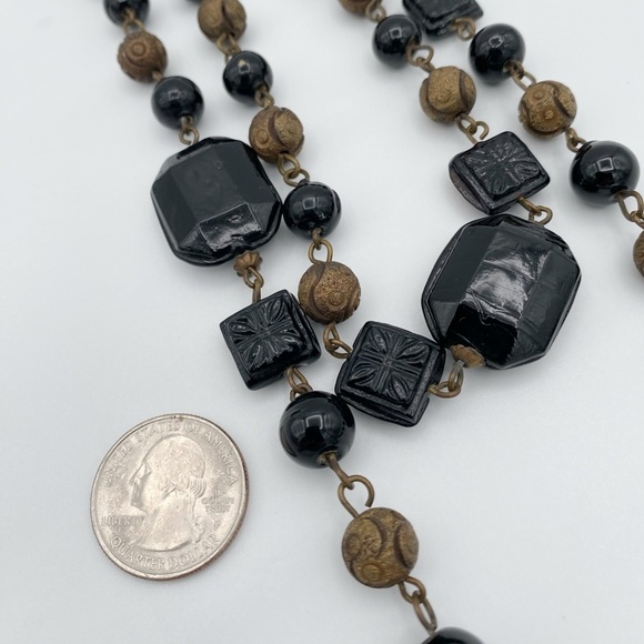 Long Black Ceramic, Acrylic & Bronze Color Beaded Two Strand Necklace - Picture 6 of 9